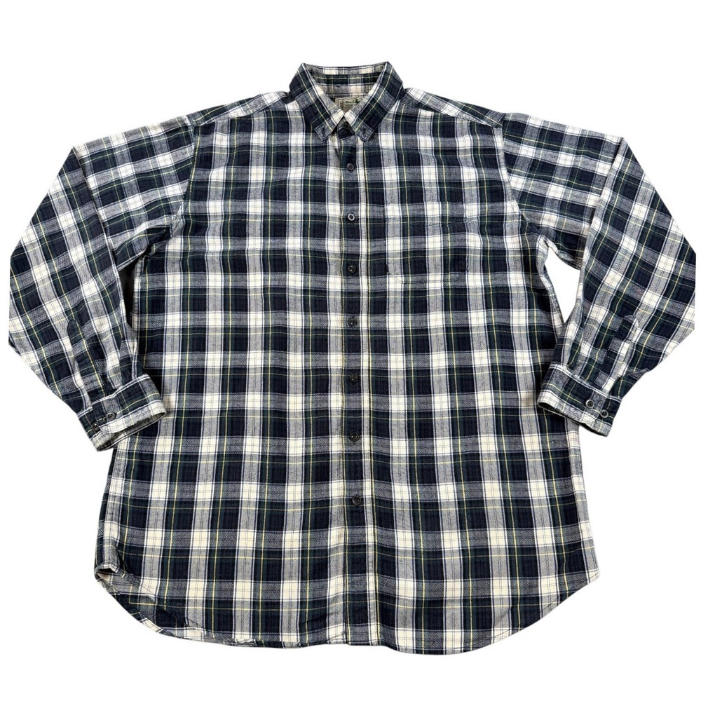 LL Bean Mens Large Tall Flannel Shirt Navy Green Plaid Cotton Button Down LT